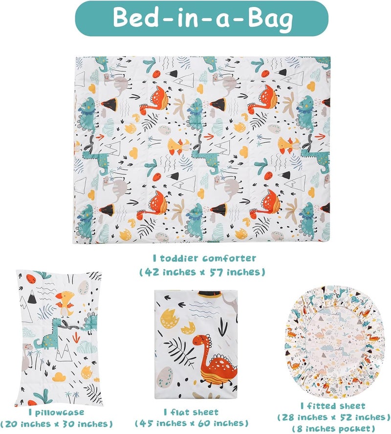 JSD Dinosaur Toddler Bedding Set, 4 Piece Bed-in-a-Bag Toddler Comforter Sheet Set, All Season Machine Washable - Image 4